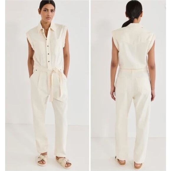 Anthropologie Rag & Bone Anna Jumpsuit Large White Denim Utility Coveralls Boho - Picture 2 of 16